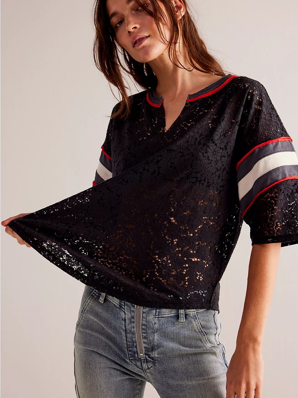 Free People Lace Jersey Short-Sleeve Top with Red & White Stripe Detail
